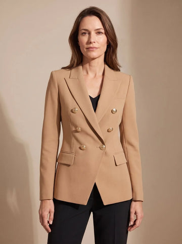 Women's tailored double-breasted gold-button winter blazer in Khaki