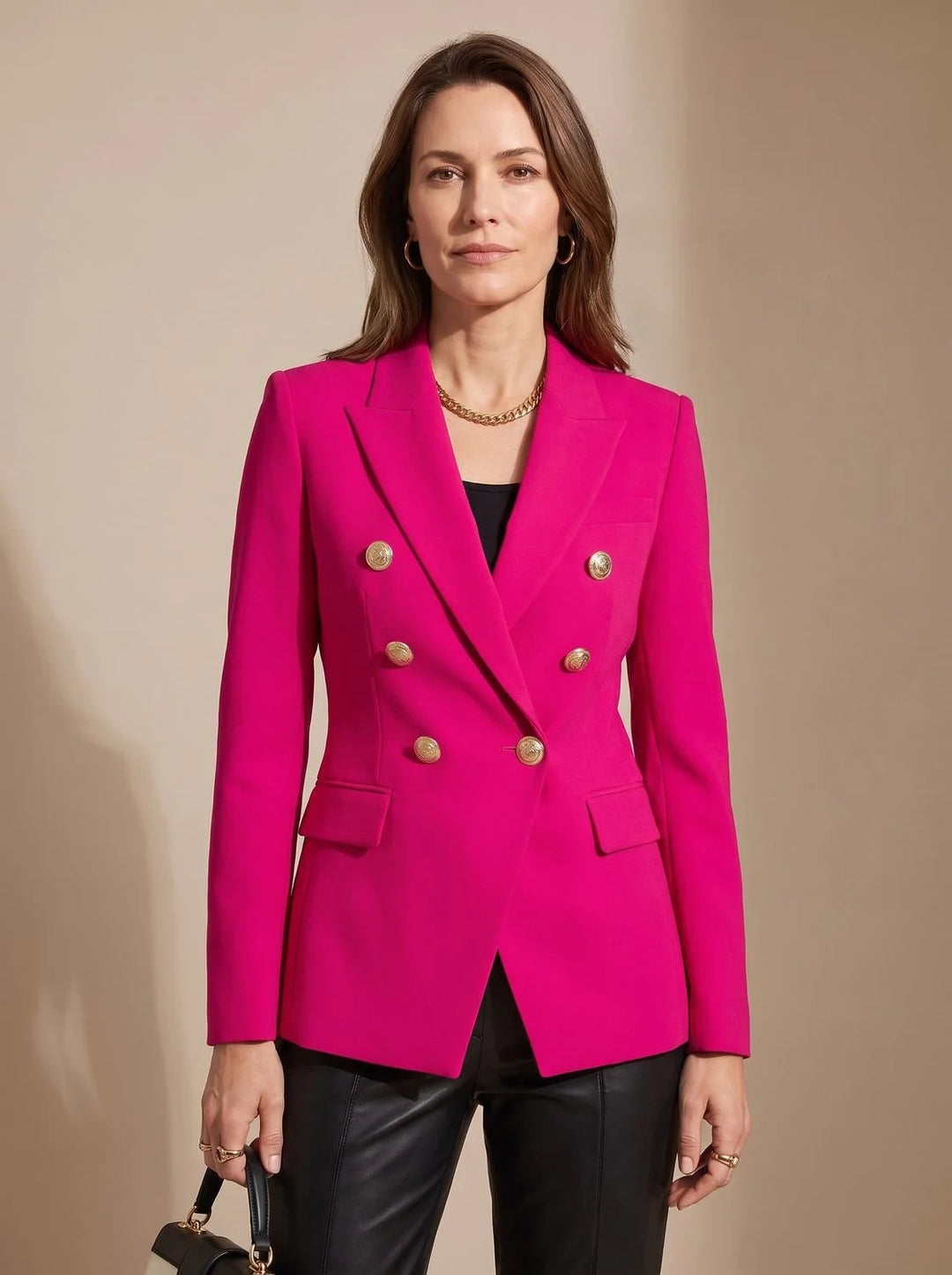 Women's tailored double-breasted gold-button winter blazer in Pink