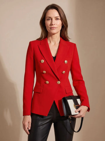 Women's tailored double-breasted gold-button winter blazer in Red