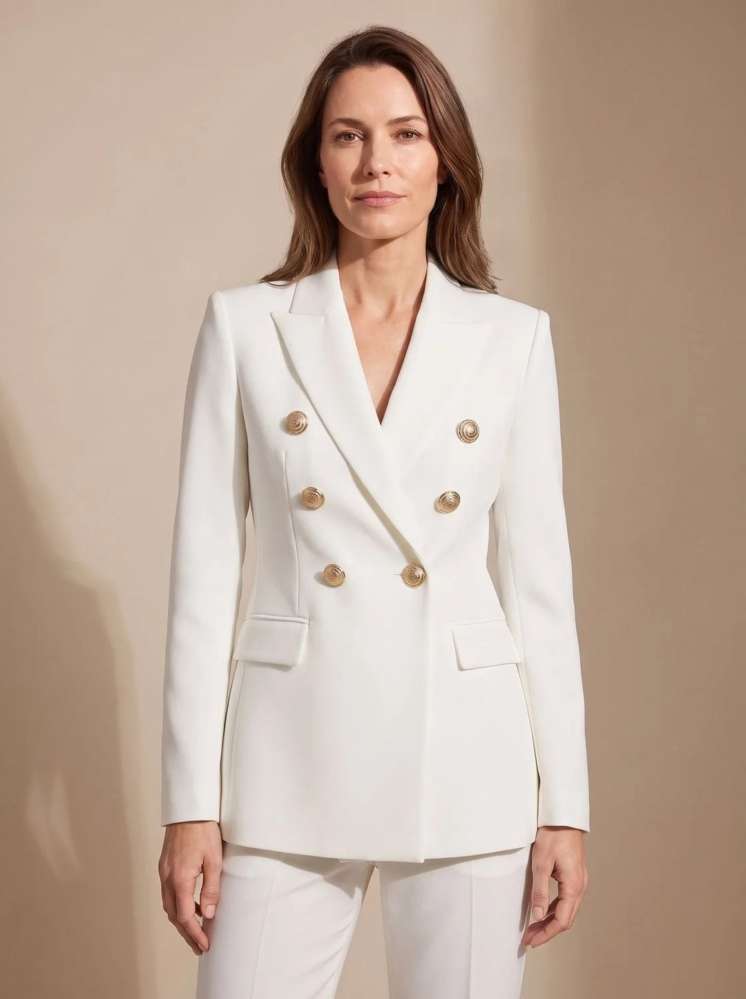 Women's tailored double-breasted gold-button winter blazer in White