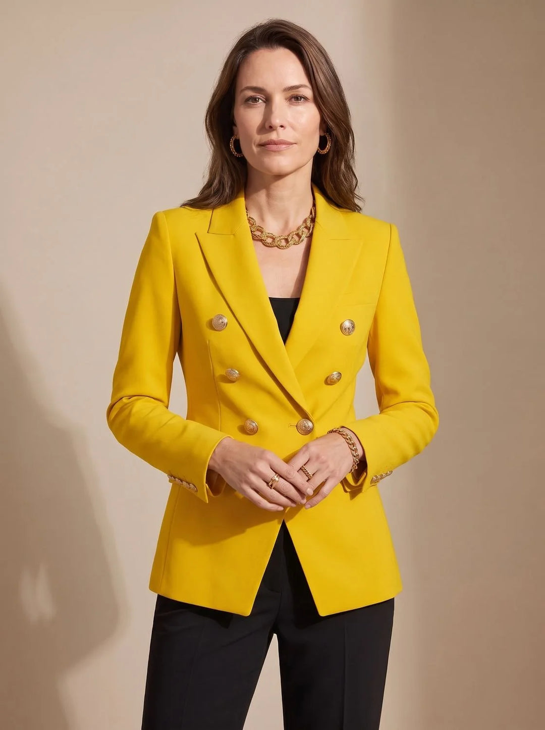 Women's tailored double-breasted gold-button winter blazer in Yellow