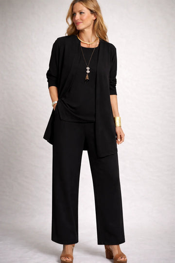 Women's three-piece winter lounge set with open cardigan in Black