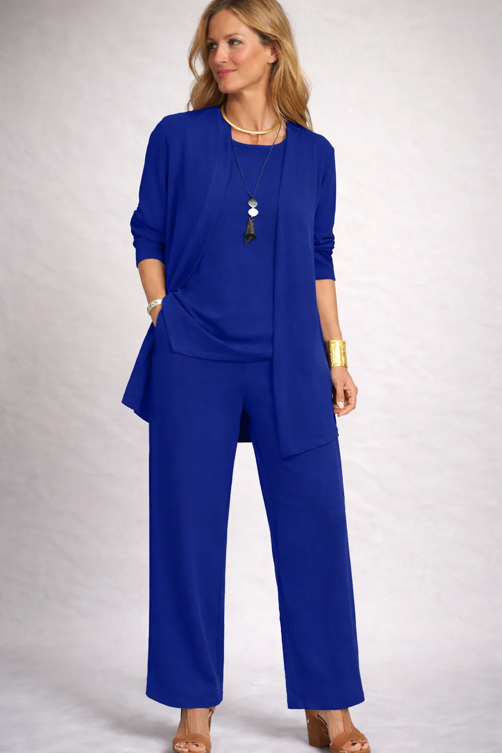 Women's three-piece winter lounge set with open cardigan in Blue
