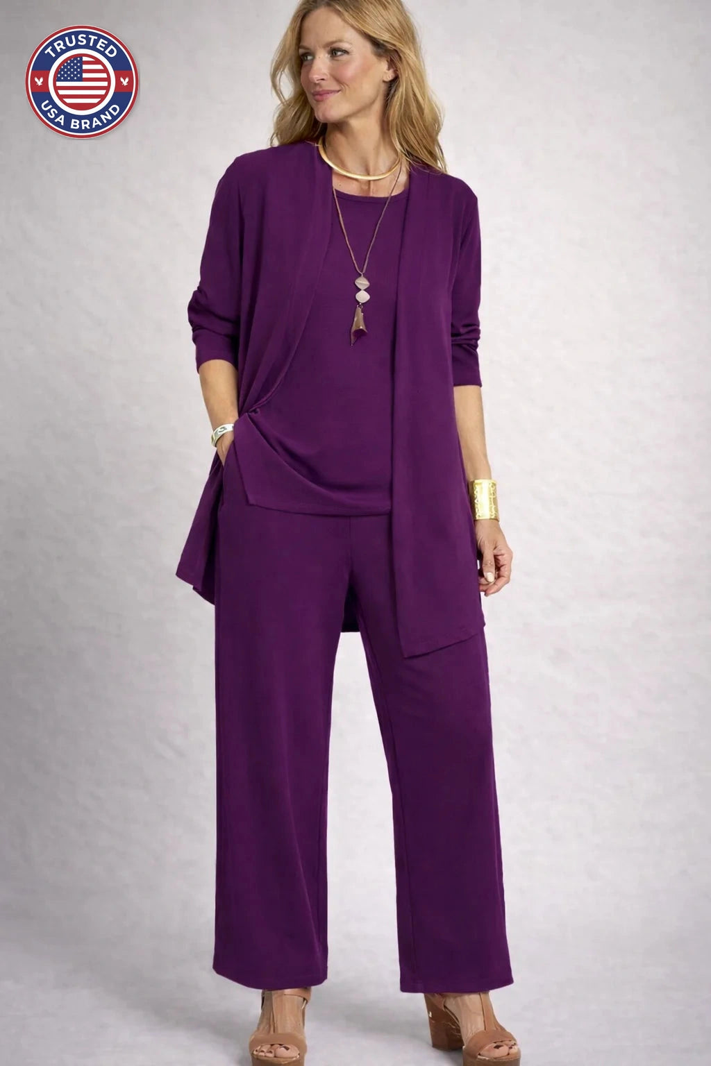 Women's three-piece winter lounge set with open cardigan