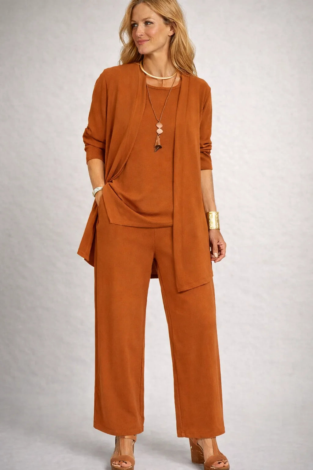 Women's three-piece winter lounge set with open cardigan in Camel