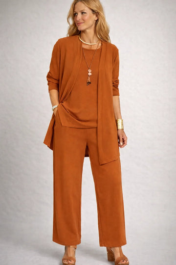 Women's three-piece winter lounge set with open cardigan in Camel