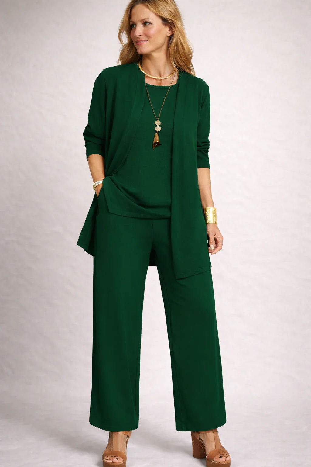 Women's three-piece winter lounge set with open cardigan in Dark Green