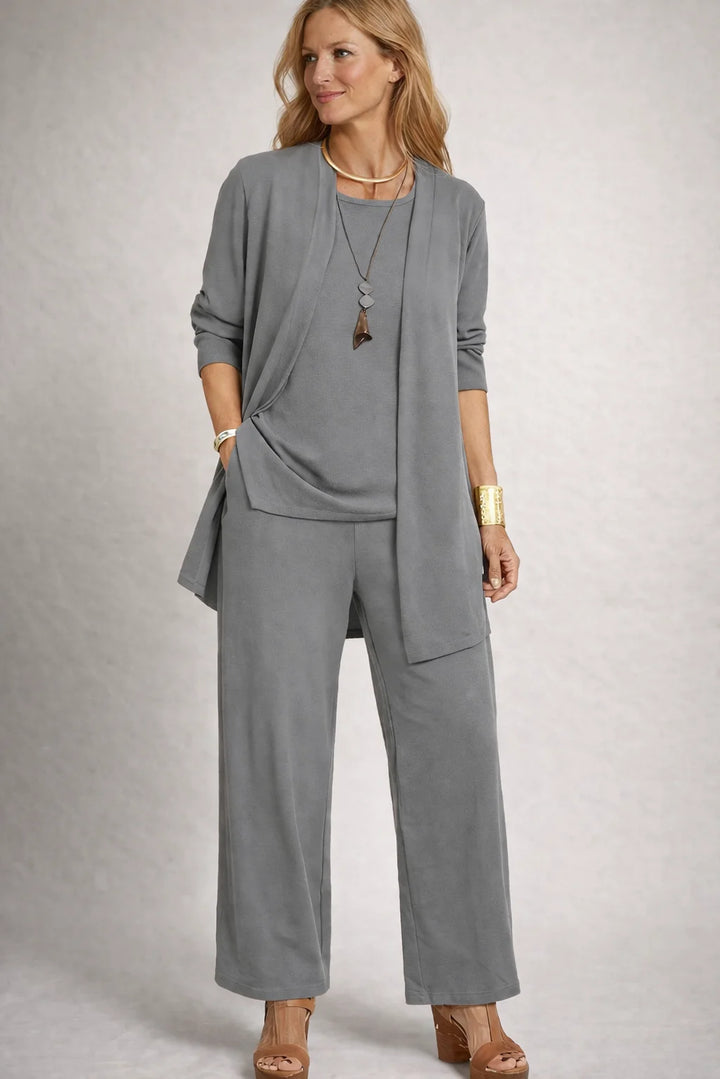 Women's three-piece winter lounge set with open cardigan in Grey