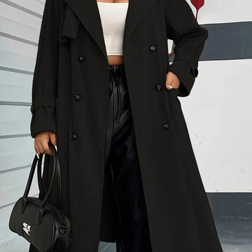 Women's double-breasted winter trench coat with side pockets in Black