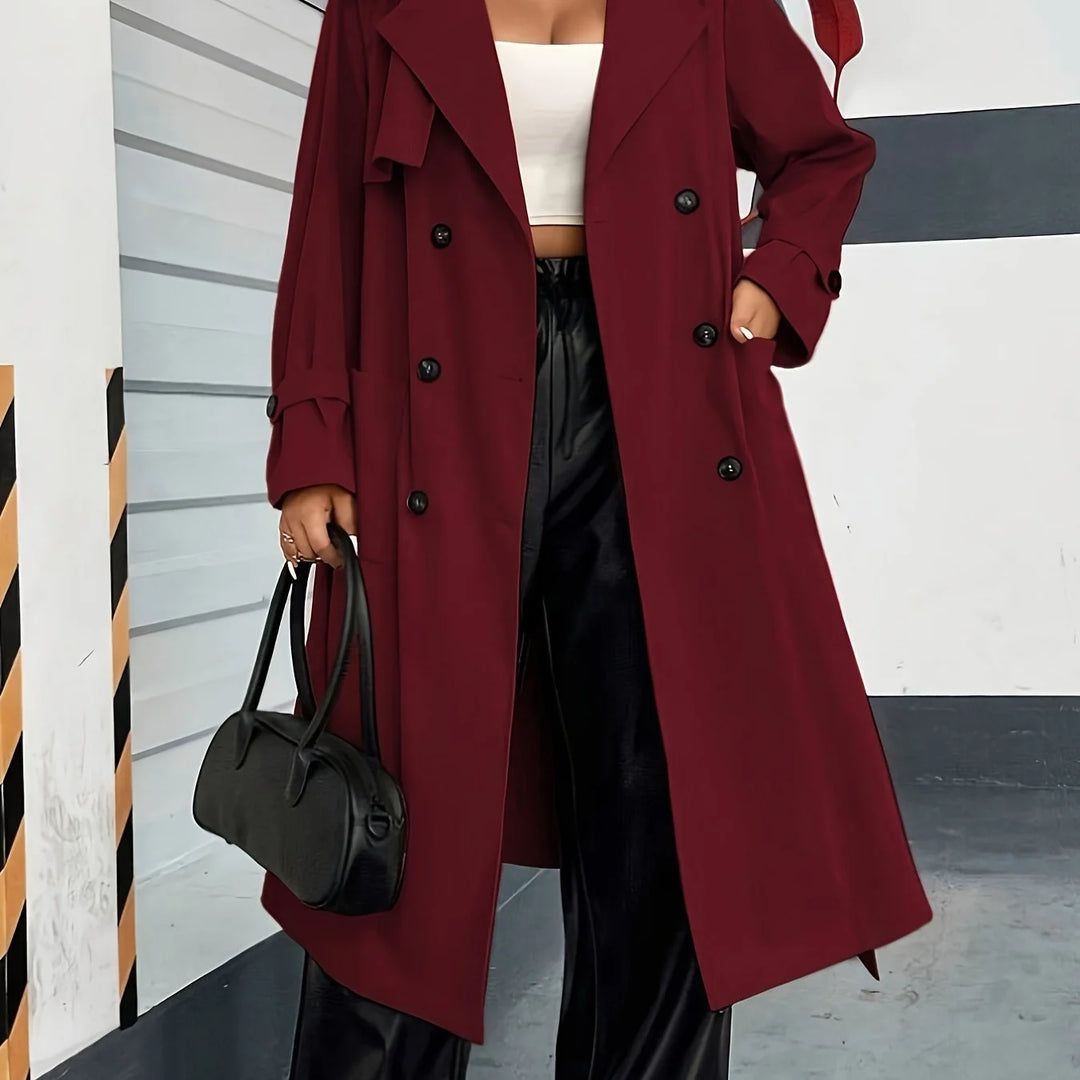 Women's double-breasted winter trench coat with side pockets in Burgundy