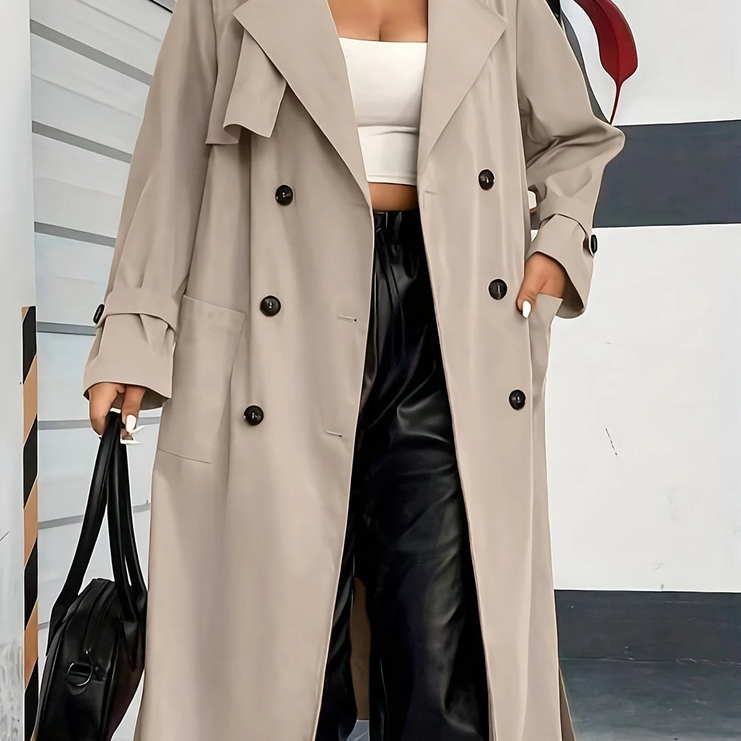 Women's double-breasted winter trench coat with side pockets in Khaki