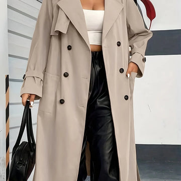 Women's double-breasted winter trench coat with side pockets in Khaki