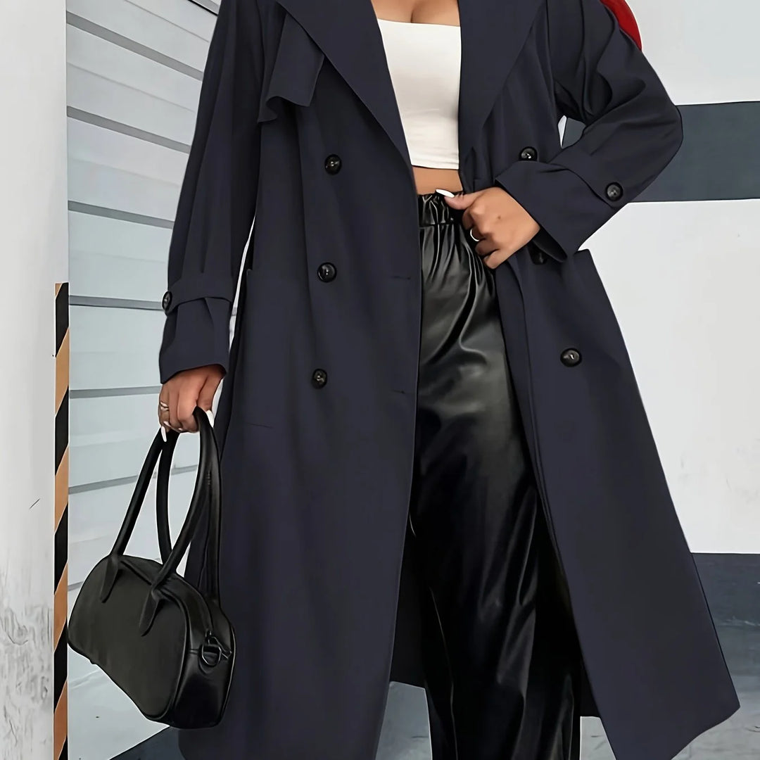 Women's double-breasted winter trench coat with side pockets in Navy Blue