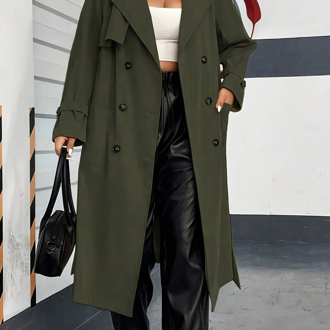 Women's double-breasted winter trench coat with side pockets in Olive Green