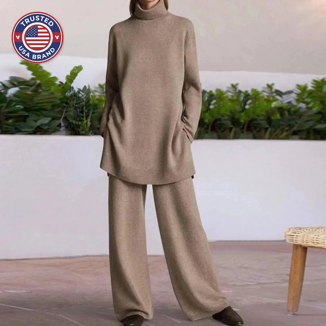 Women's winter roll neck sweater & wide-leg trousers set