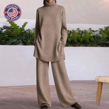 Women's winter roll neck sweater & wide-leg trousers set