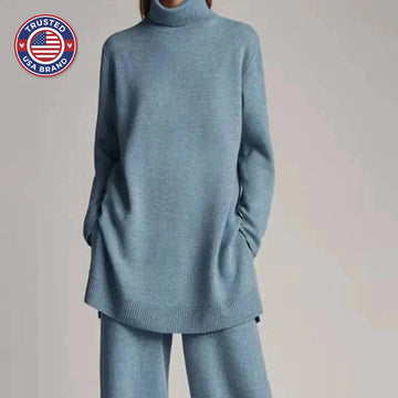 Women's winter roll neck sweater & wide-leg trousers set