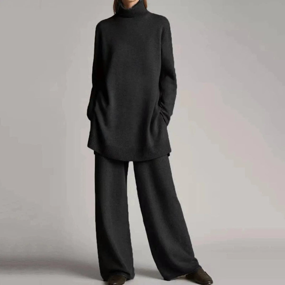 Women's winter roll neck sweater & wide-leg trousers set in Black