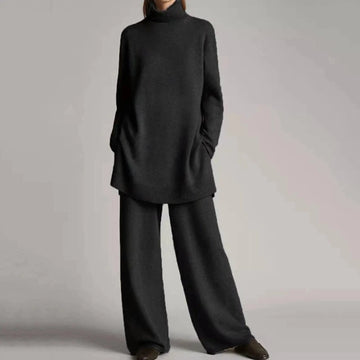 Women's winter roll neck sweater & wide-leg trousers set in Black
