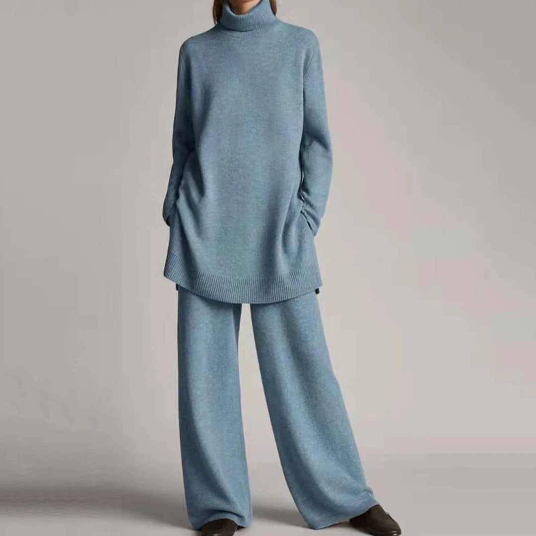 Women's winter roll neck sweater & wide-leg trousers set in Blue