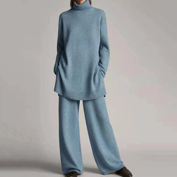 Women's winter roll neck sweater & wide-leg trousers set in Blue