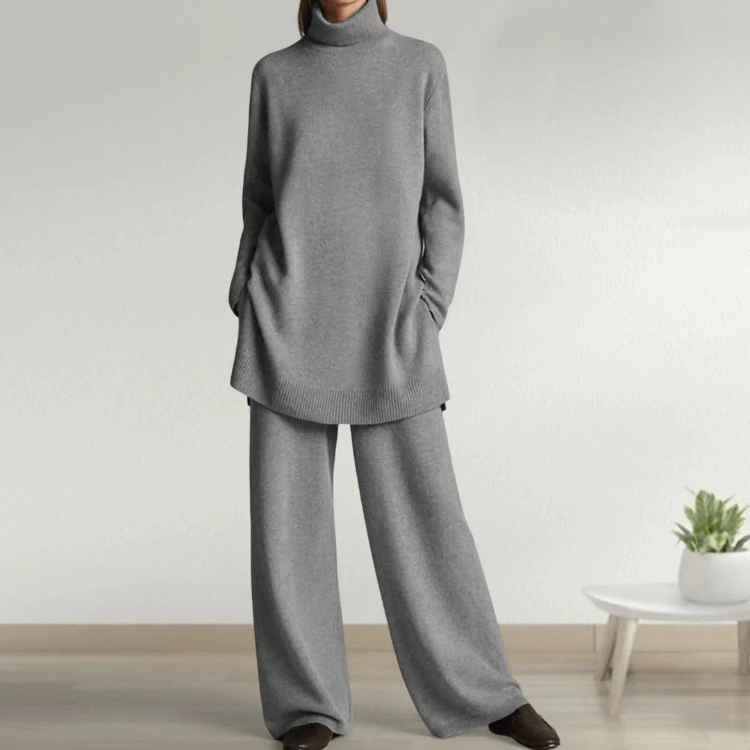 Women's winter roll neck sweater & wide-leg trousers set in Grey