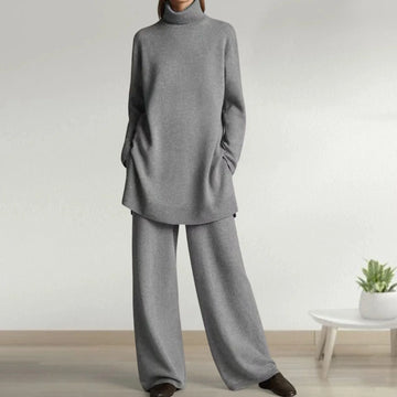 Women's winter roll neck sweater & wide-leg trousers set in Grey