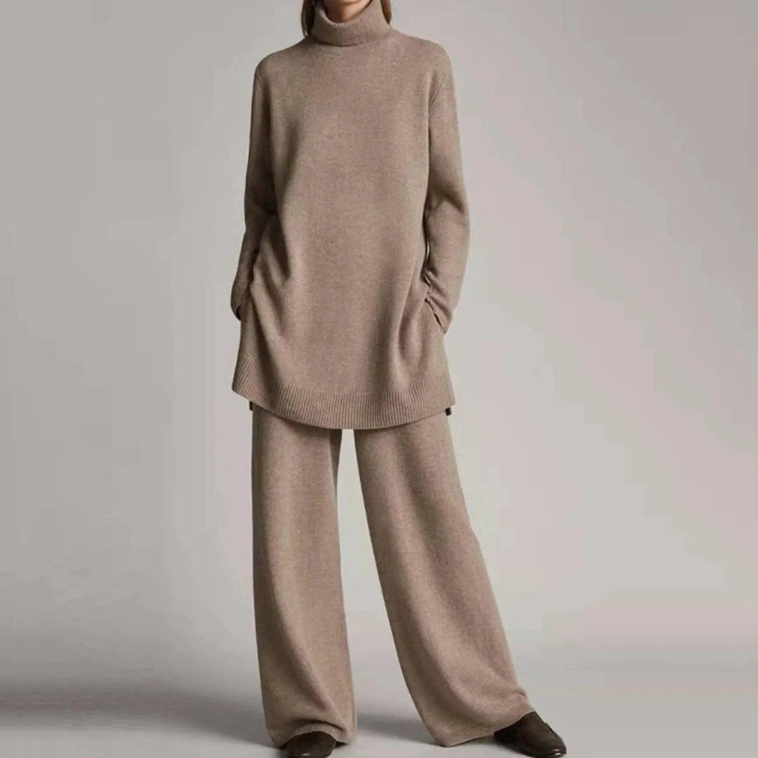 Women's winter roll neck sweater & wide-leg trousers set in Khaki