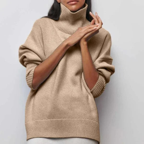 Women's winter roll neck sweater short sleeve relaxed fit in Beige