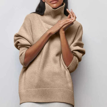 Women's winter roll neck sweater short sleeve relaxed fit in Beige