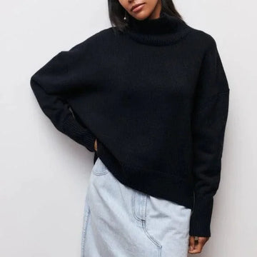 Women's winter roll neck sweater short sleeve relaxed fit in Black