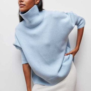 Women's winter roll neck sweater short sleeve relaxed fit in Blue