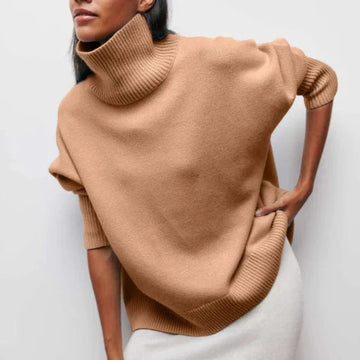 Women's winter roll neck sweater short sleeve relaxed fit in Khaki