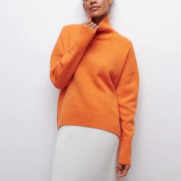 Women's winter roll neck sweater short sleeve relaxed fit in Orange
