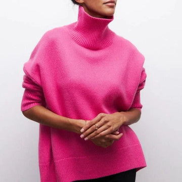 Women's winter roll neck sweater short sleeve relaxed fit in Pink