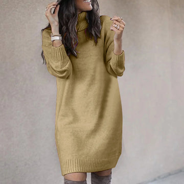 Women's turtleneck knit winter jumper dress long sleeve in Khaki