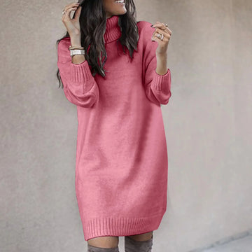 Women's turtleneck knit winter jumper dress long sleeve in Pink