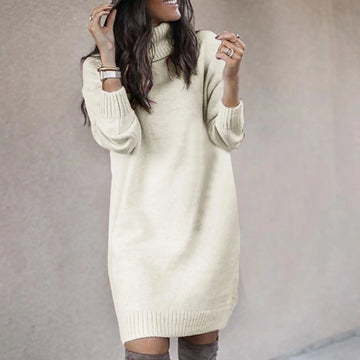 Women's turtleneck knit winter jumper dress long sleeve in White