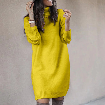 Women's turtleneck knit winter jumper dress long sleeve in Yellow