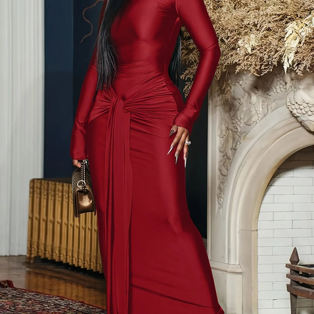 Women's turtleneck long sleeve maxi party winter dress in Burgundy