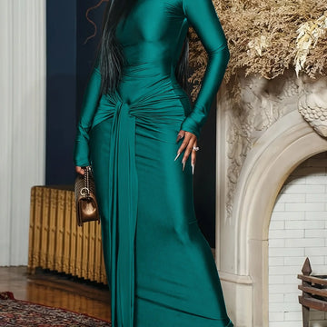 Women's turtleneck long sleeve maxi party winter dress in Dark Green