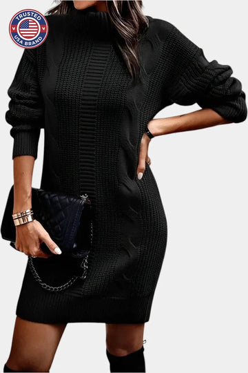 Women's turtleneck winter sweater dress with cable knit detail