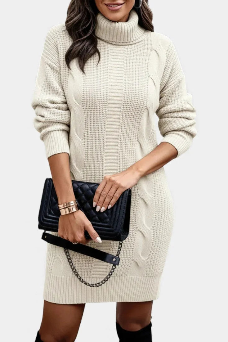 Women's turtleneck winter sweater dress with cable knit detail in Apricot