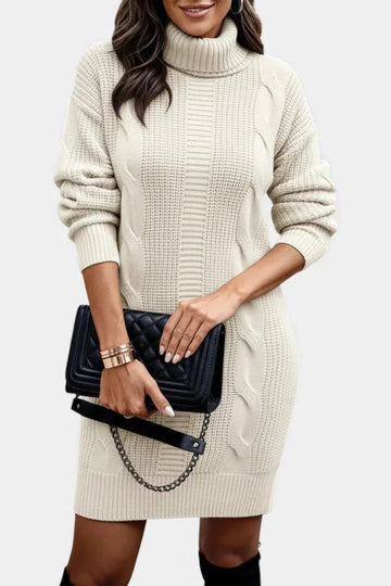 Women's turtleneck winter sweater dress with cable knit detail in Apricot