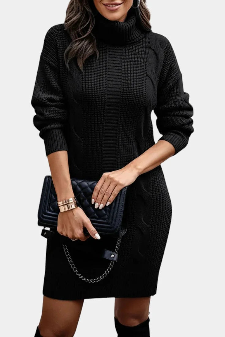 Women's turtleneck winter sweater dress with cable knit detail in Black