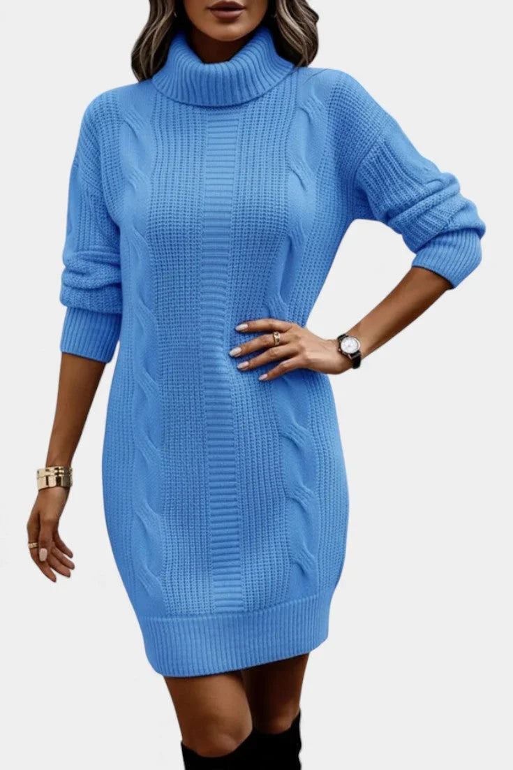 Women's turtleneck winter sweater dress with cable knit detail in Blue