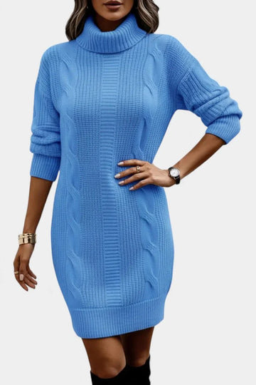 Women's turtleneck winter sweater dress with cable knit detail in Blue