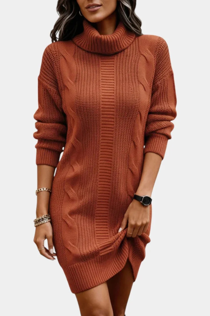 Women's turtleneck winter sweater dress with cable knit detail in Brick Red