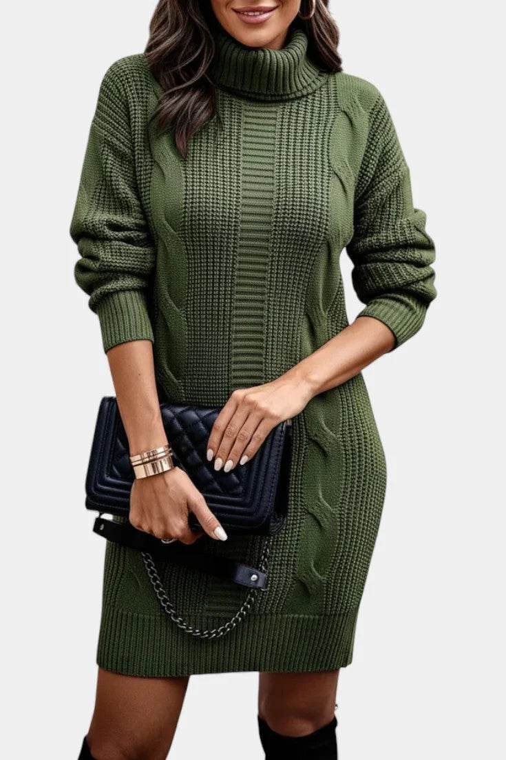 Women's turtleneck winter sweater dress with cable knit detail in Dark Green