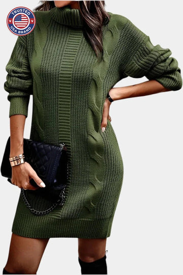 Women's turtleneck winter sweater dress with cable knit detail